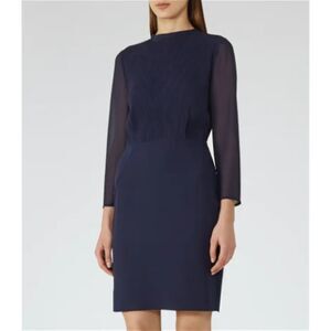 REISS Womens Dress Size 4 Navy Sheath Pleated Plisse Panel Sheer Sleeve CORALIE